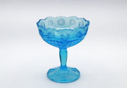 Vintage Fuß Schale Glas Blau Bonbon Schale Bonboniere Pressglas Kelch Pokal Blumen Muster Gänseblümchen Böhmisch böhmen