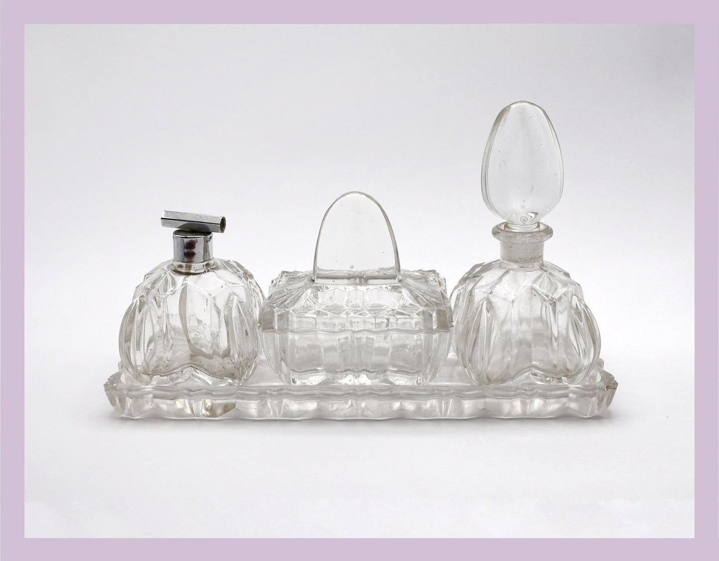 Vintage Art Deco Frisier Set Bad 1930 Deckeldose Kammschale Parfum Flakon Flasche Glas Geschliffen Kristall