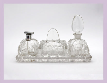 Vintage Art Deco Frisier Set Bad 1930 Deckeldose Kammschale Parfum Flakon Flasche Glas Geschliffen Kristall