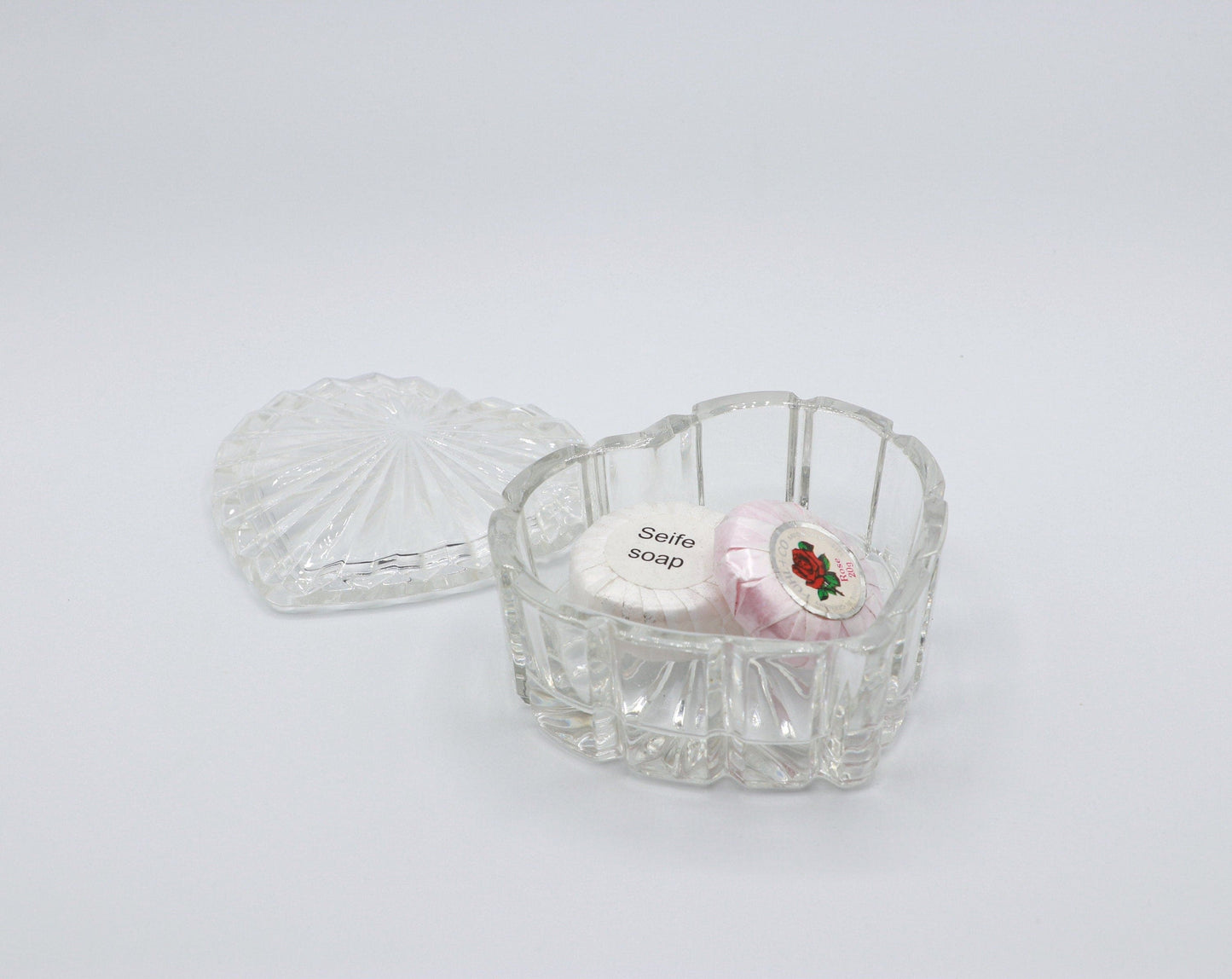 Vintage Bonboniere Crystal Glass Heart Gift Kawaii 80s 1980 Lidded Jar 80s Lead Crystal Box Art Deco Revival