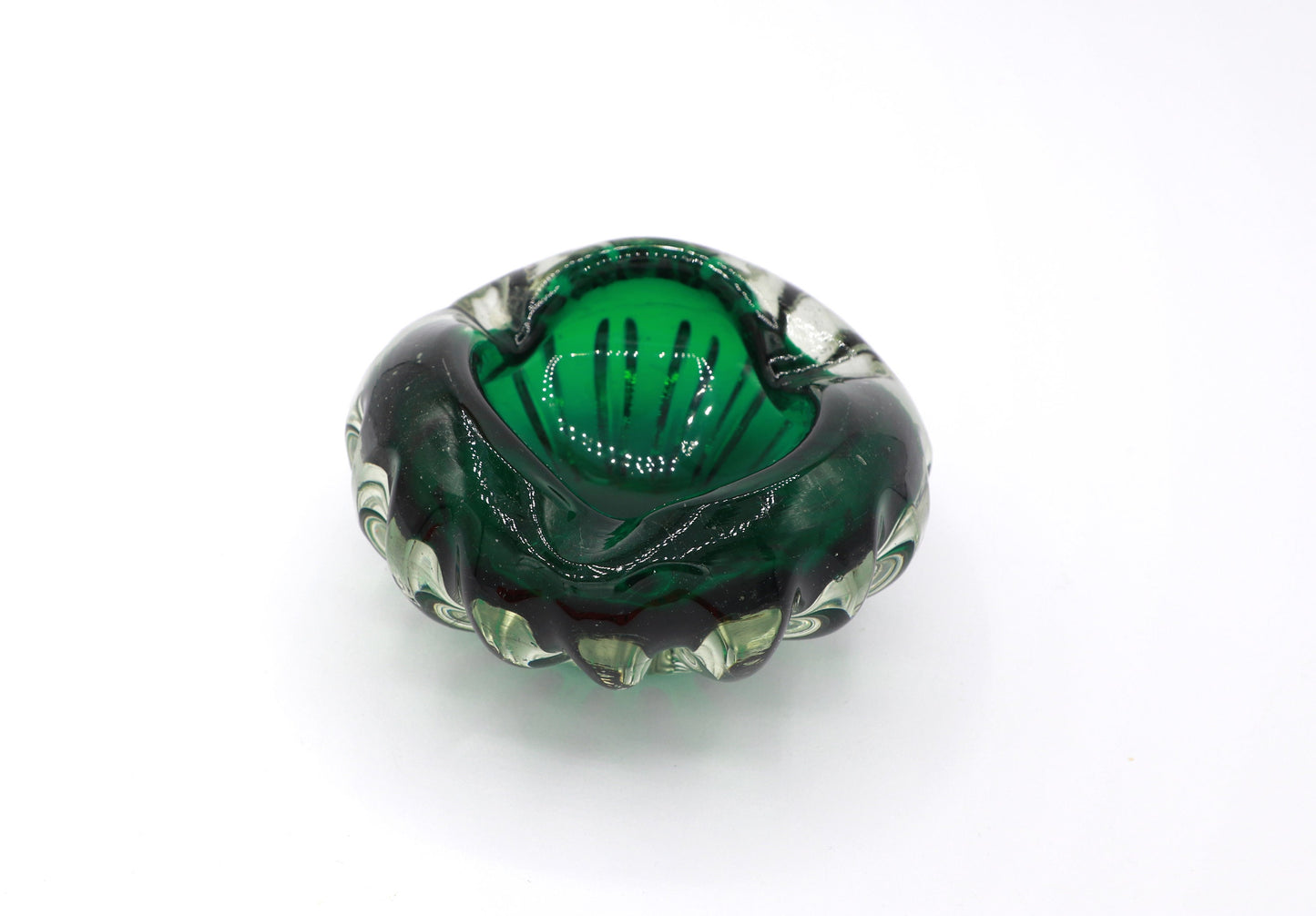 Vintage Bohemian Ashtray Bowl 1960 1970 Green Bottle Green Dark Green Palo Santo Glass Heavy CZ 70s 1970