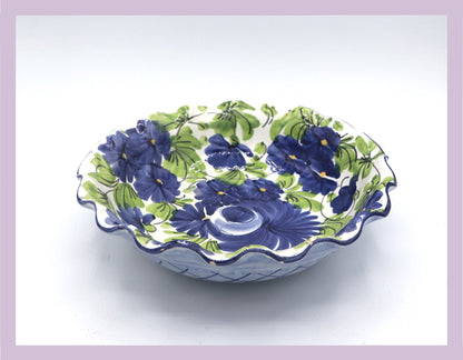 Vintage Italian Ceramic Bowl Hand Painted Flowers Blue Wave Edge 1970s 70s 1980 80s Floral Made in Italy