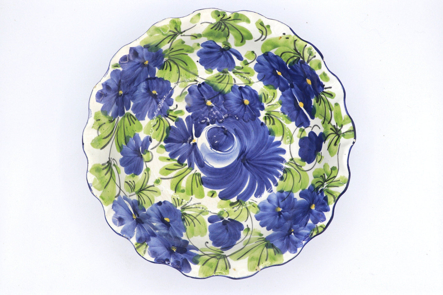 Bol en céramique italienne vintage Fleurs peintes à la main Bord festonné bleu Années 1970 Années 70 Années 1980 Années 80 Floral Made in Italy