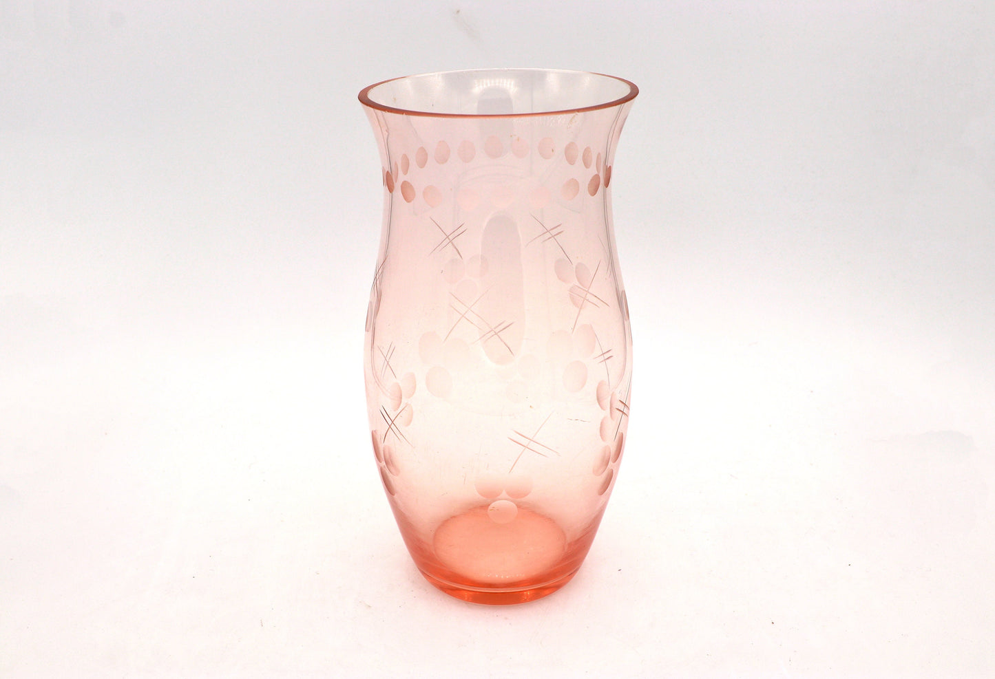 Vintage Rosalin Bauhaus 1920 Blumenvase Kelch Punkte Glas Linien Kelch Streifen Mundgeblasen Geschliffen Gravur Art Deco 30er 1930 Rosa 20er