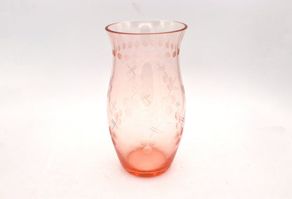 Vintage Rosalin Bauhaus 1920 Blumenvase Kelch Punkte Glas Linien Kelch Streifen Mundgeblasen Geschliffen Gravur Art Deco 30er 1930 Rosa 20er