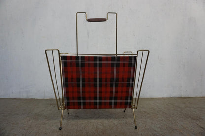 Filigree newspaper stand with check pattern and teak handle Vintage