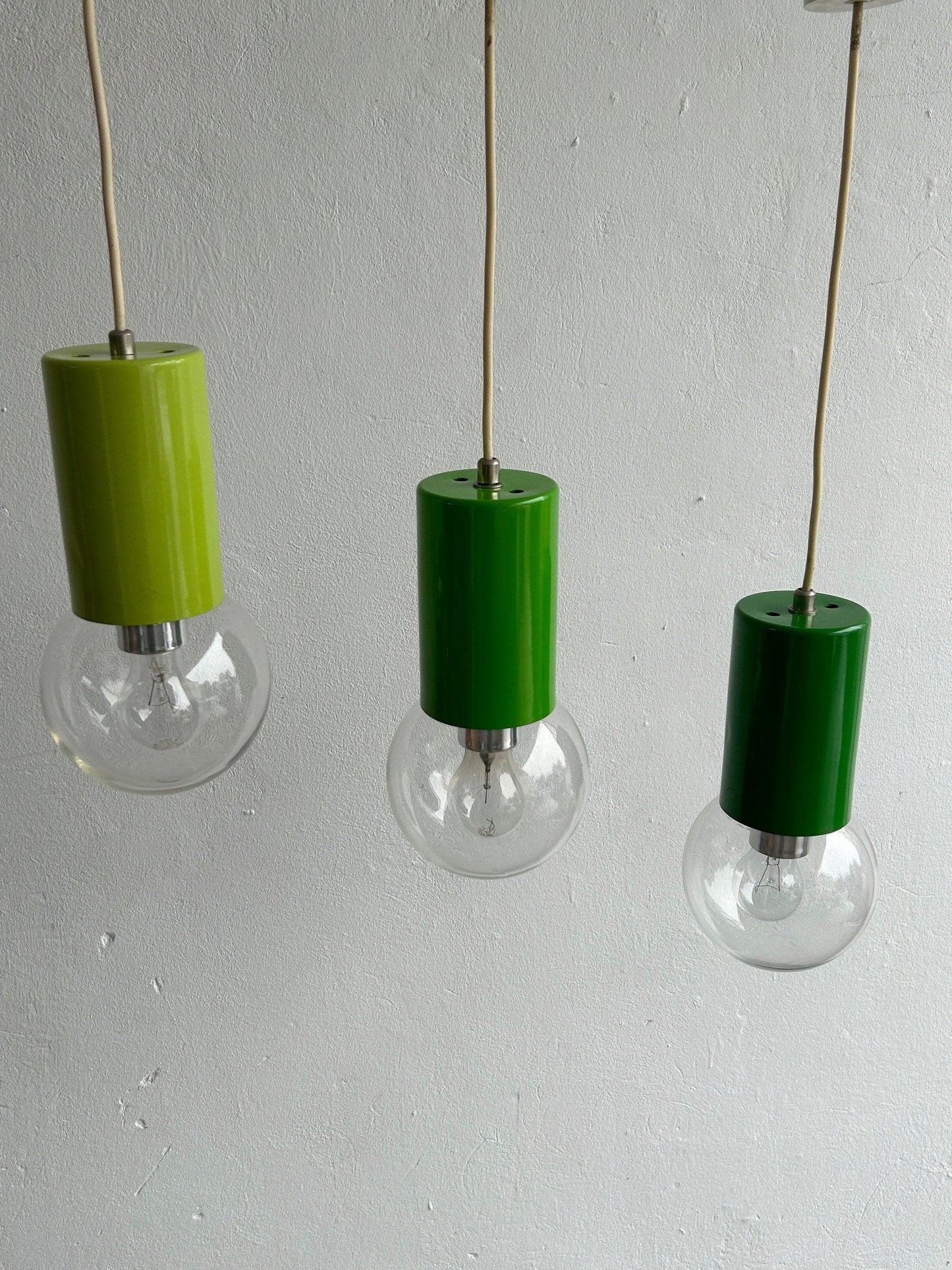 Set of 3 Pop Art Industrial Green Cascading Pendants / Mid Century Modern Space Age Hanging Light Vintage