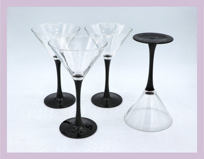 4 Vintage Martini Glasses Black Domino Luminarc Onyx Sparkling Wine Bowls Goblet Chalice Minimalist 80s Art Deco Revival France