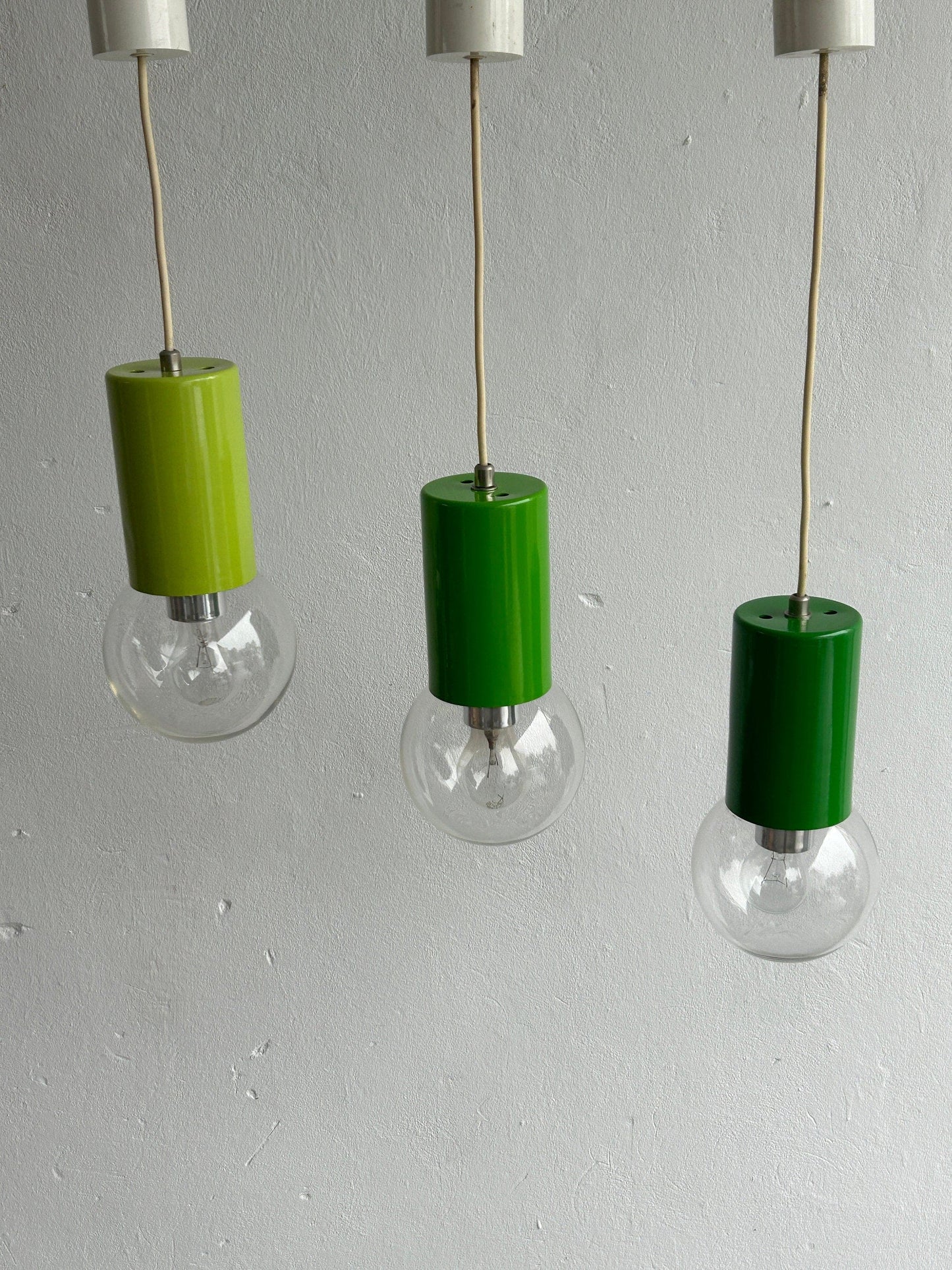 Set of 3 Pop Art Industrial Green Cascading Pendants / Mid Century Modern Space Age Hanging Light Vintage