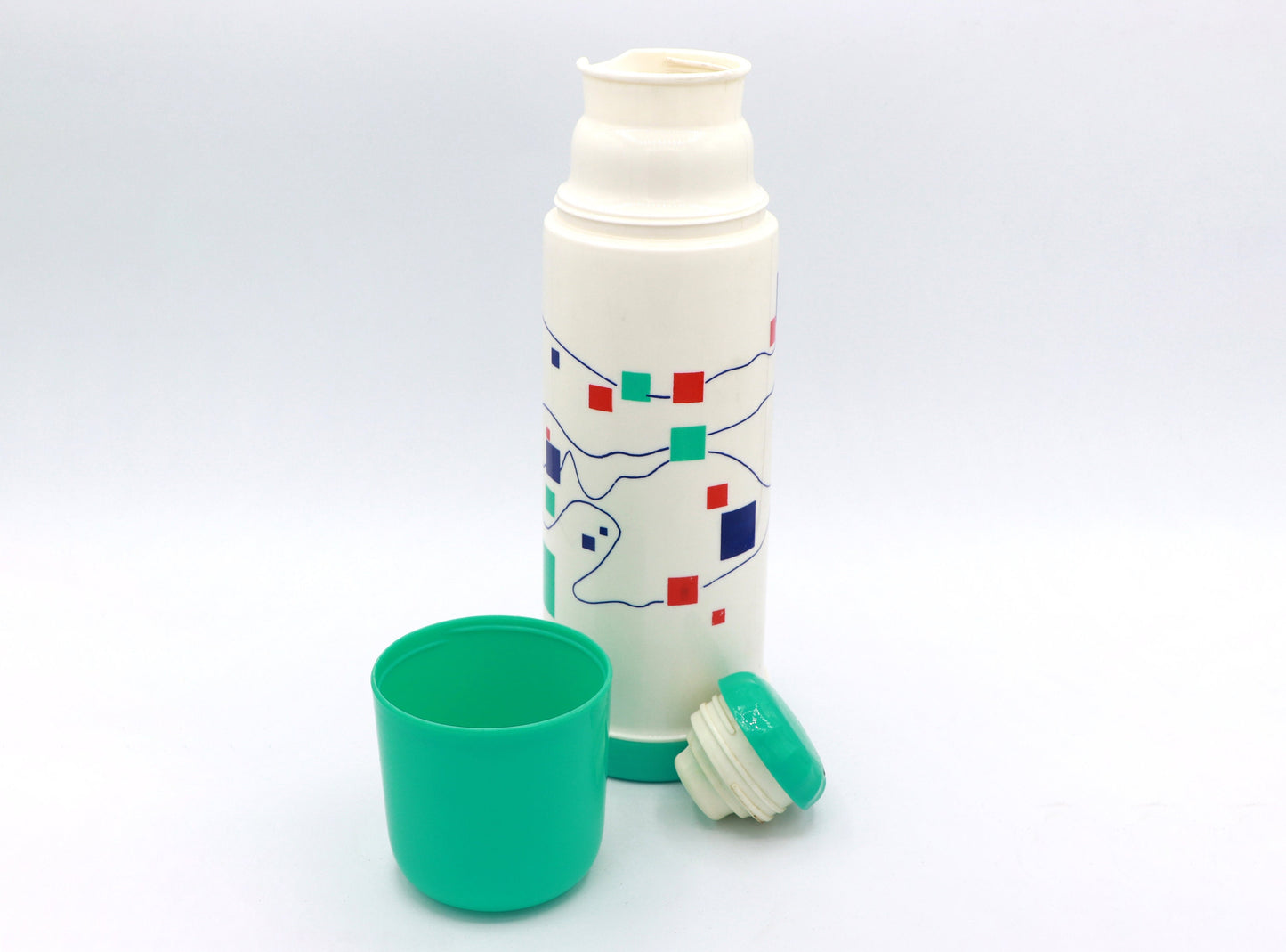 Vintage 80s 90s thermos flask Postmodern white turquoise blue red pastel 1980 insulated jug Memphis Milano Ettore Sottsass Germany