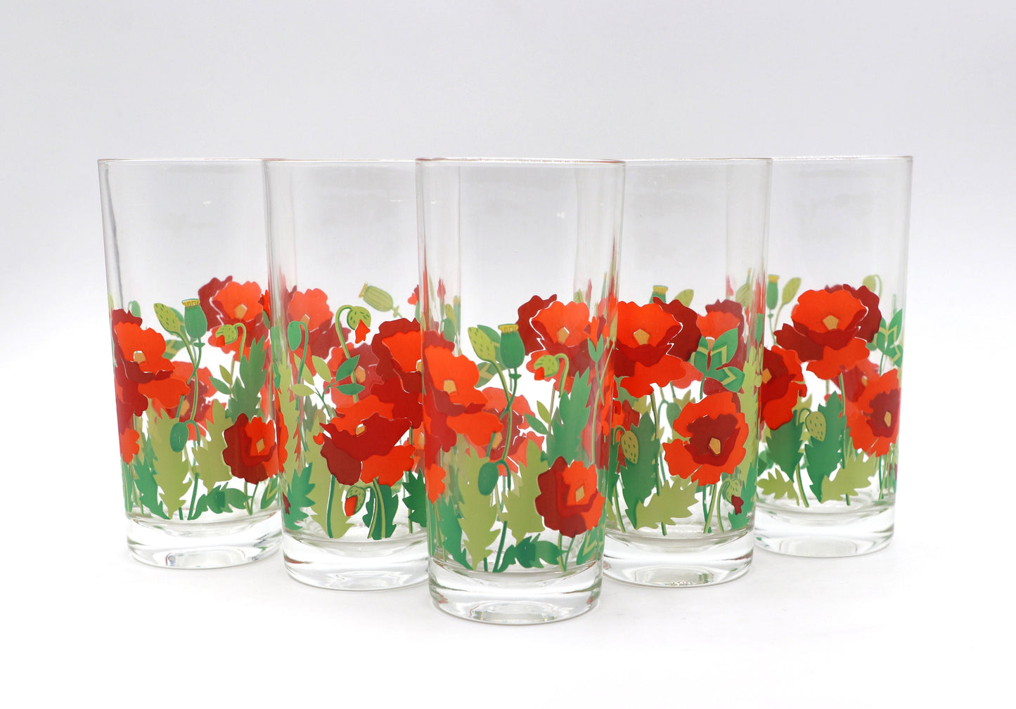 5 Vintage Trinkgläser Blumen Floral Mohn Blüten Frankreich France Rot Saftglas Wasserglas Glas 80er 1980 Blatt