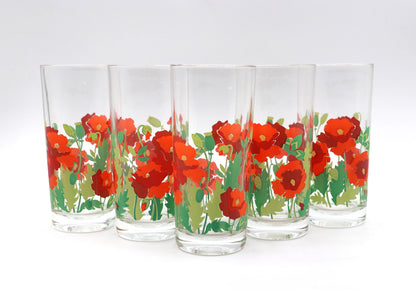 5 Vintage Drinking Glasses Flowers Floral Poppy Flowers France Red Juice Glass Water Glass Glass 80s 1980 Leaf