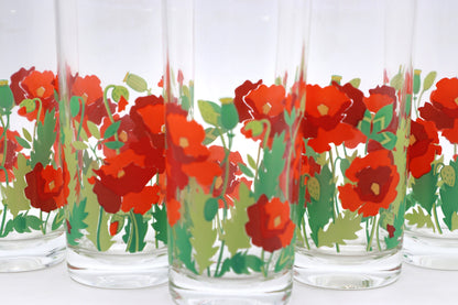 5 Vintage Drinking Glasses Flowers Floral Poppy Flowers France Red Juice Glass Water Glass Glass 80s 1980 Leaf