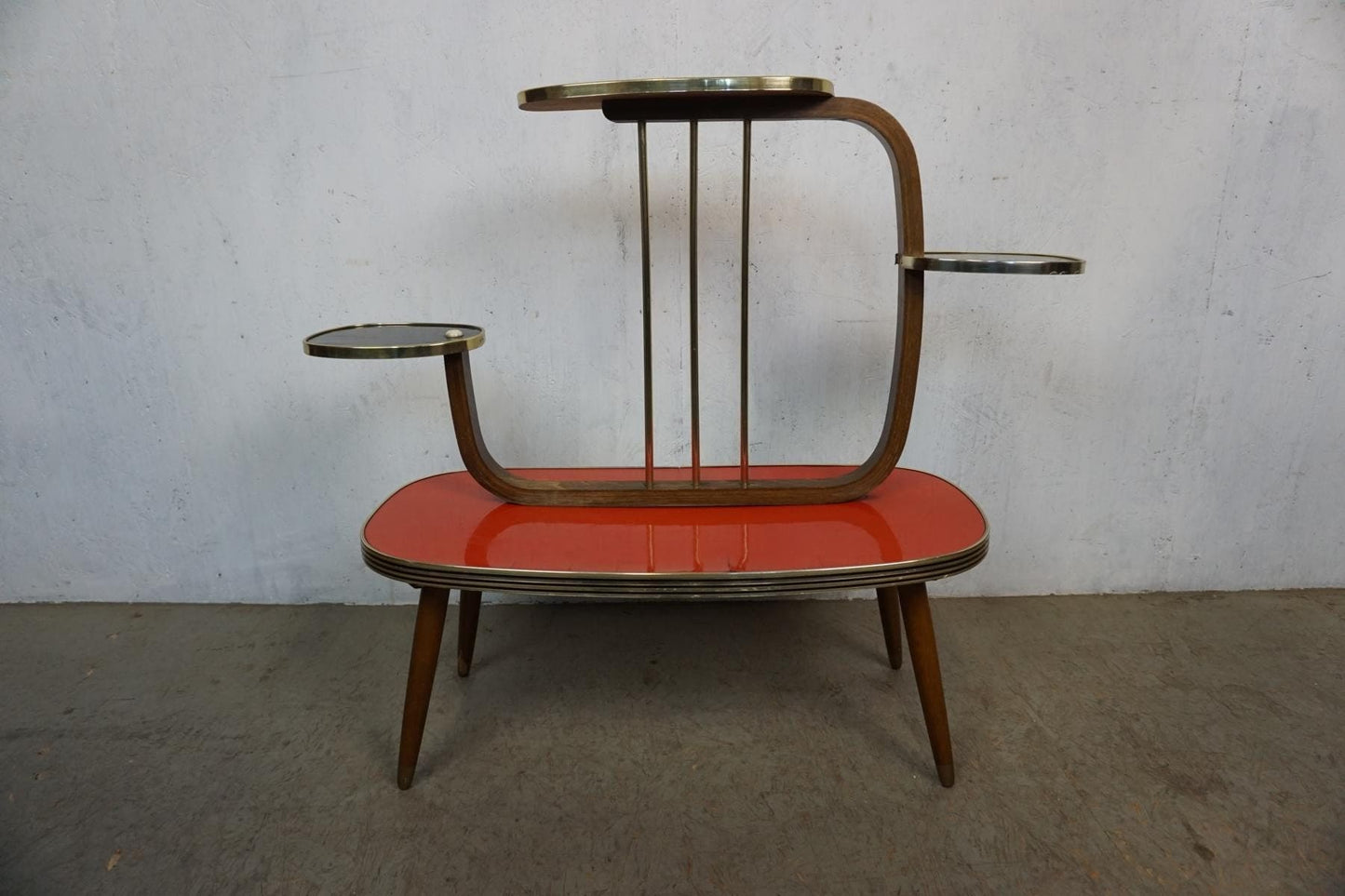 Decorative flower stand with black and red formica shelves Vintage