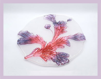 Large serving bowl Walther Glas acanthus leaf 80s 1980 purple violet pink red lilac plate cake tart vintage