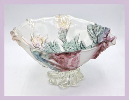 Large footed bowl Walther Glas acanthus leaf bowl chalice leaf 80s 1980 purple violet blue yellow amber plate cake tart vintage