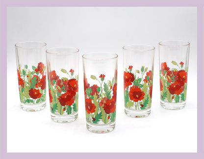 5 Vintage Trinkgläser Blumen Floral Mohn Blüten Frankreich France Rot Saftglas Wasserglas Glas 80er 1980 Blatt