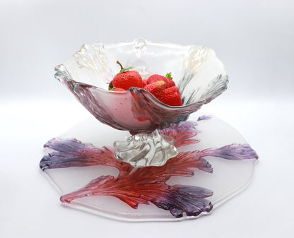 Grand bol d'offrande Walther verre feuille d'acanthe années 80 1980 violet violet rose rouge lilas assiette gâteau gâteau vintage