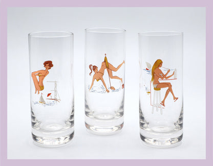 5 Vintage Drinking Glasses Pin Up Erotica Mid Century Women on the Beach Bikini Surfer Sexy Rarity 60s 50s 70s