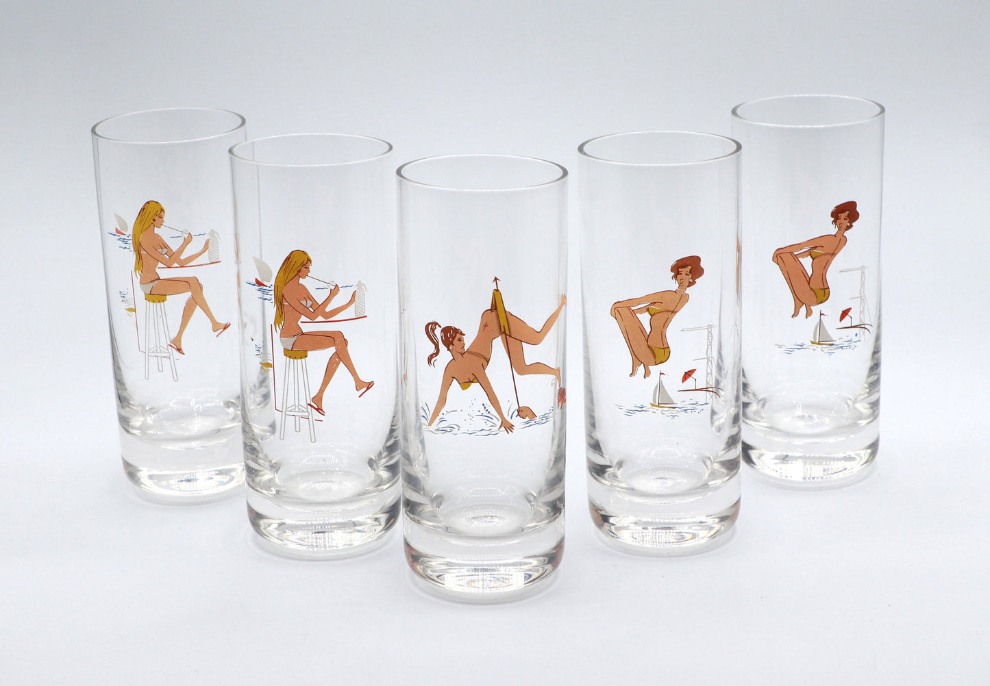 5 Vintage Drinking Glasses Pin Up Erotica Mid Century Women on the Beach Bikini Surfer Sexy Rarity 60s 50s 70s