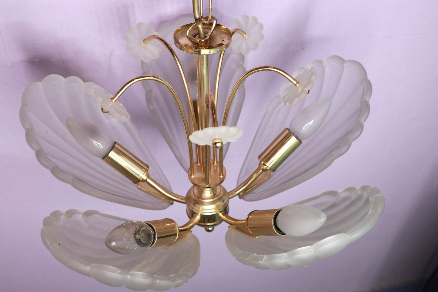 Vintage Hufnagel Germany ceiling lamp Art Deco Revival shell glass light 70s brass shell Hollywood Regency decor light