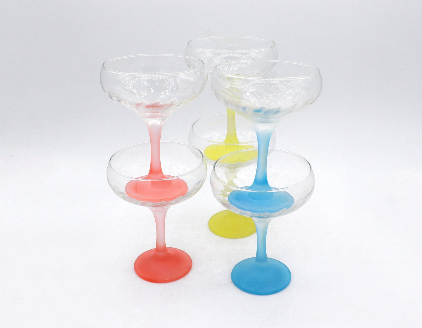 6 champagne glasses champagne bowls Italy 50s pastel red yellow blue glasses goblet mid century Italy Murano vintage