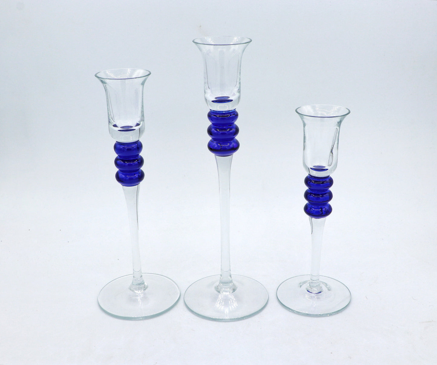 3 vintage Kerzenhalter Glas Blau 80er 90er Memphis Milano Postmodern Pyramide Kerzenleuchter Kerzenständer Kobalt Ultramarine