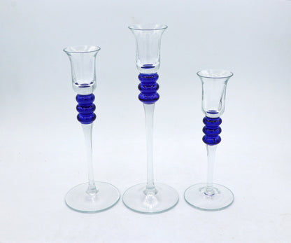 3 bougeoirs vintage verre bleu années 80 90 Memphis Milano Chandelier pyramide postmoderne chandelier cobalt outremer