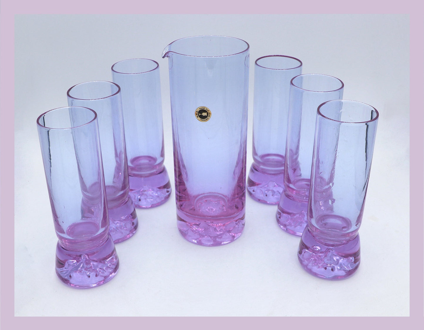 Vintage Set Drinking Glasses Alexandrite Glass Cut CAN Italy Neodymium Italy 70s Carafe Decanter Crystal Bowl Murano Lilac Pink