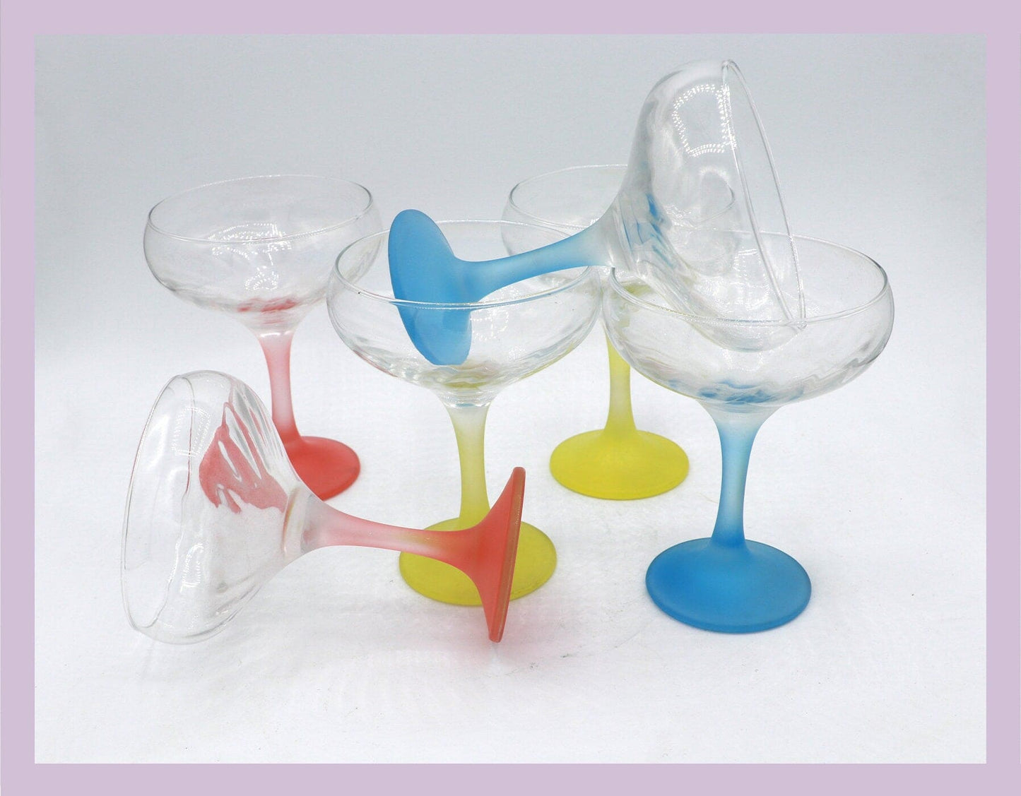 6 champagne glasses champagne bowls Italy 50s pastel red yellow blue glasses goblet mid century Italy Murano vintage