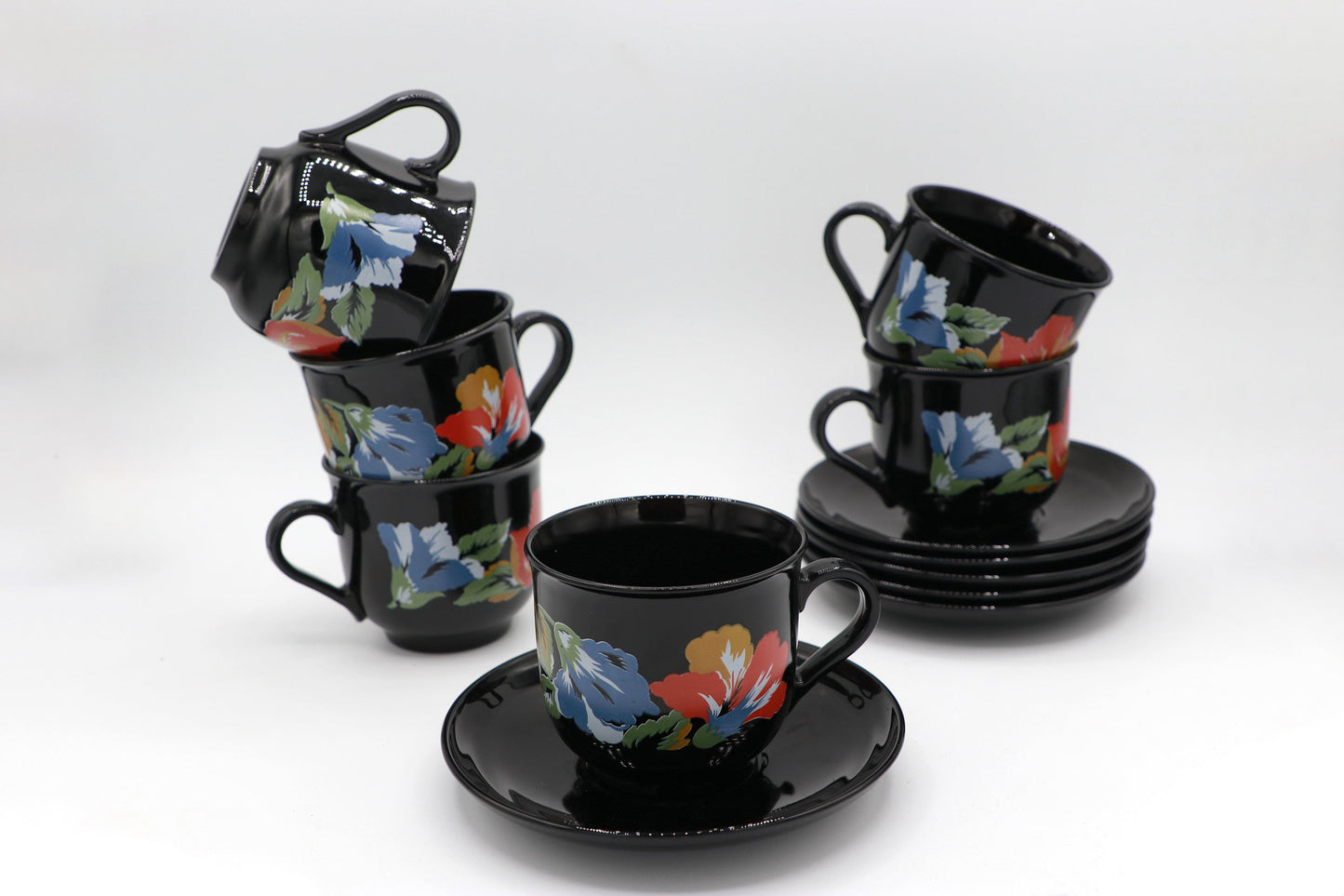 6x Vintage Arcoroc Cup Fleurs Noires France Set 80s 90s Luminarc Octime France Rouge Bleu Jaune