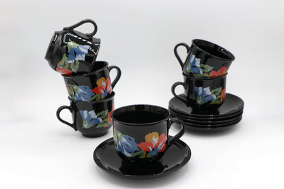 6x Vintage Arcoroc Cup Black Flowers France Set 80s 90s Luminarc Octime France Red Blue Yellow