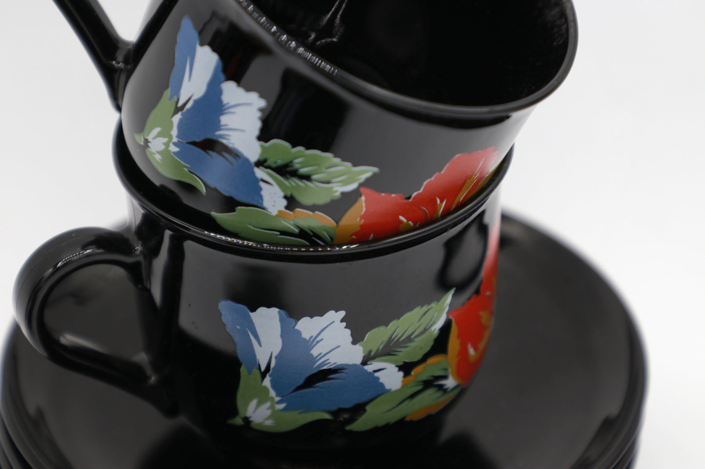 6x Vintage Arcoroc Cup Black Flowers France Set 80s 90s Luminarc Octime France Red Blue Yellow