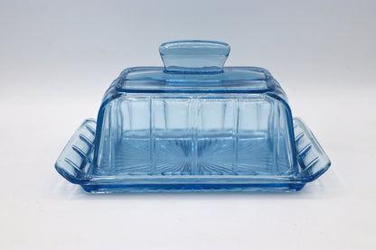 vintage Danois Butter Jar Hood Art Déco 30s 50s Blue Container Glass Lidded Jar 1950 Danemark