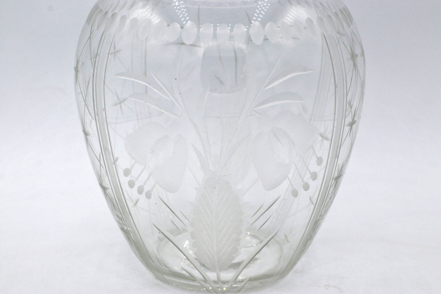 Vintage Art Deco 1920 1930 Flower Vase Chalice Crystal Cut Floral Dots Glass Lines Chalice Stripes Mouth Blown Cut 30s 20s