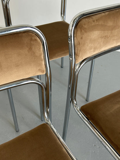 1 of 8 Bauhaus Chrome Tubular Steel and Beige Velvet / 80s Italian Modernist Stackable Dining Chairs Vintage