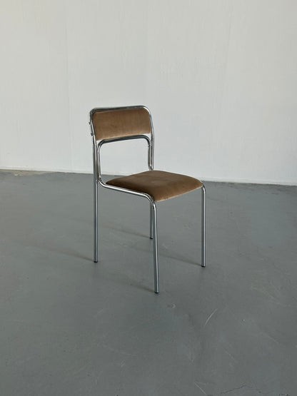 1 of 8 Bauhaus Chrome Tubular Steel and Beige Velvet / 80s Italian Modernist Stackable Dining Chairs Vintage