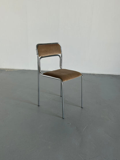 Bauhaus Chrome Tubular Steel and Beige Velvet Chairs / Italian Modernist Stackable Dining Chairs Vintage