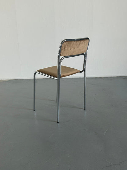 1 of 8 Bauhaus Chrome Tubular Steel and Beige Velvet / 80s Italian Modernist Stackable Dining Chairs Vintage