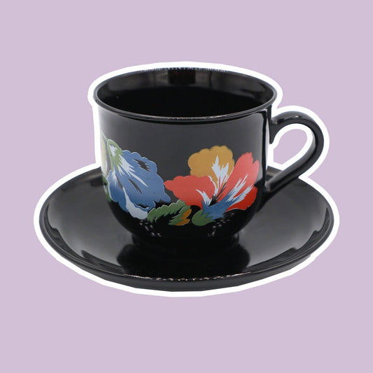 6x Vintage Arcoroc Cup Black Flowers France Set 80s 90s Luminarc Octime France Red Blue Yellow