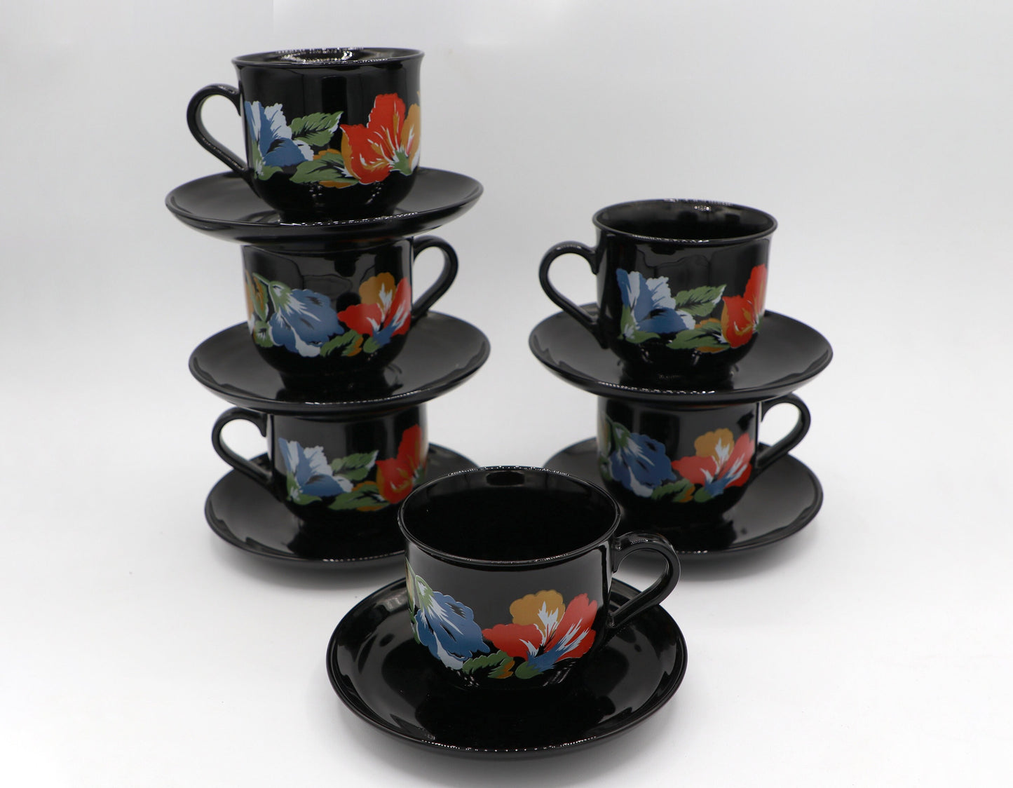 6x Vintage Arcoroc Cup Black Flowers France Set 80s 90s Luminarc Octime France Red Blue Yellow