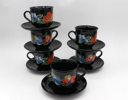 6x Vintage Arcoroc Cup Fleurs Noires France Set 80s 90s Luminarc Octime France Rouge Bleu Jaune