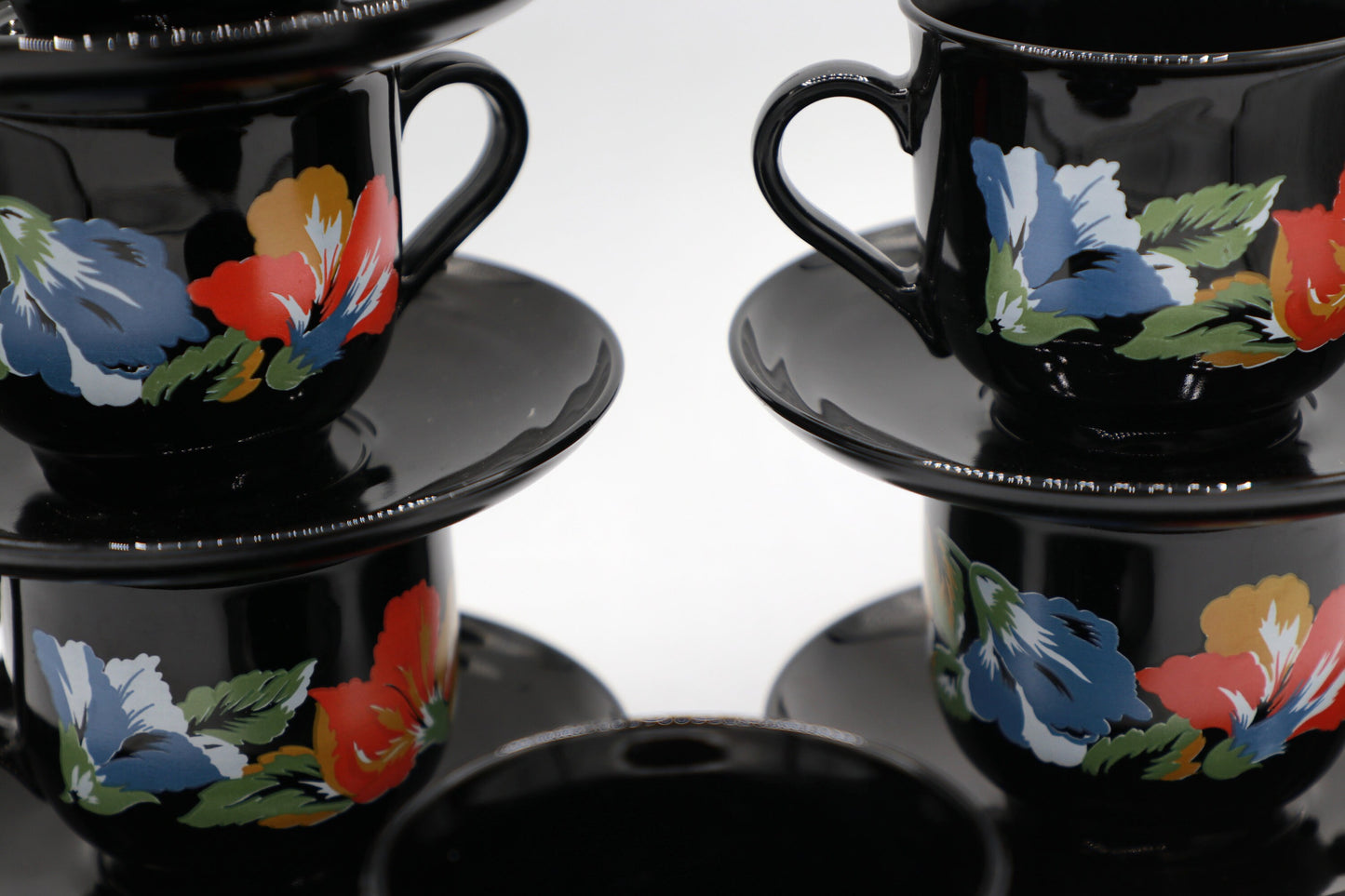 6x Vintage Arcoroc Cup Black Flowers France Set 80s 90s Luminarc Octime France Red Blue Yellow