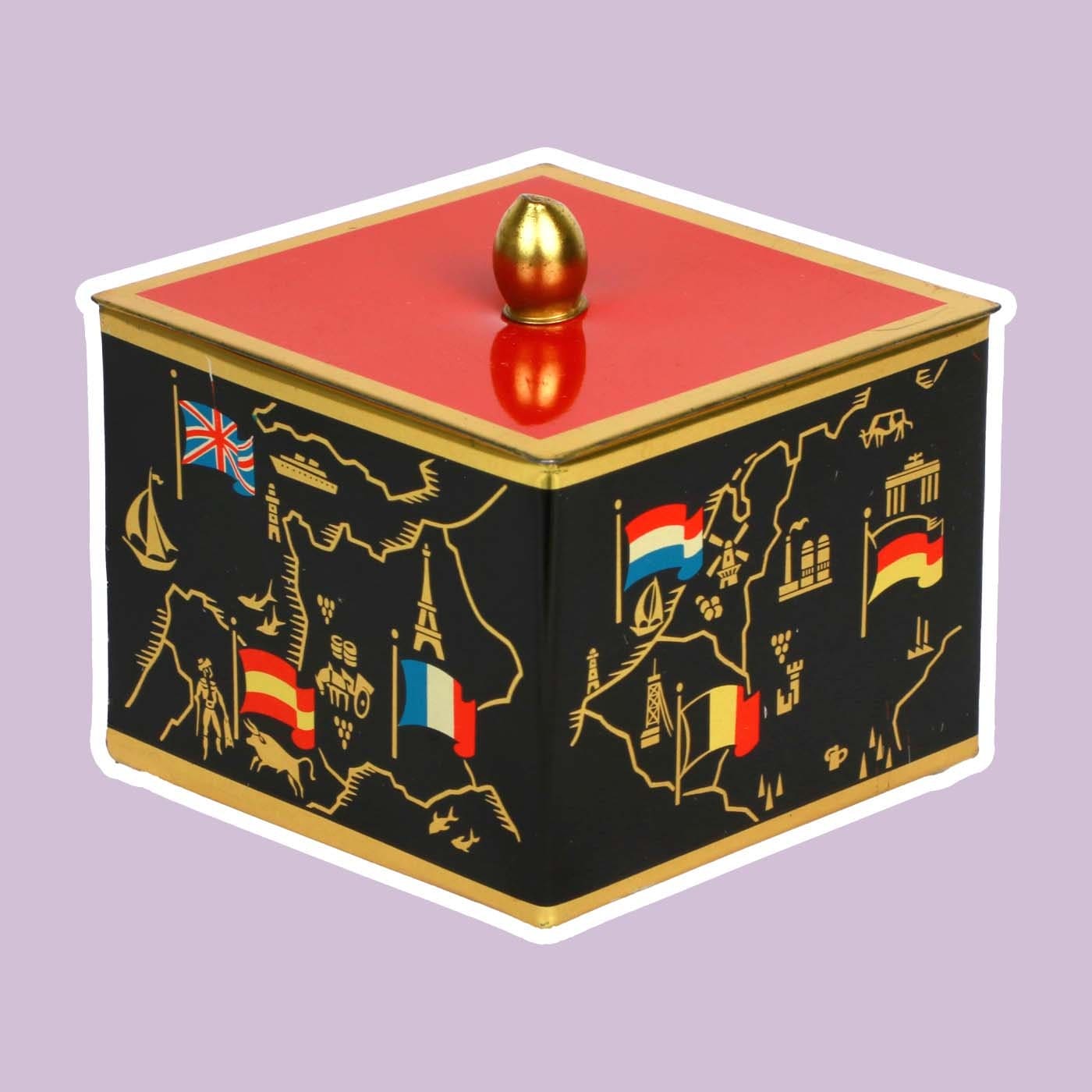 vintage Métal Bonboniere Lidded Box Mid Century Asiatique Milieu du Siècle Noir Orange Rouge Drapeaux Européens Or Cadmium Boîte De Rangement