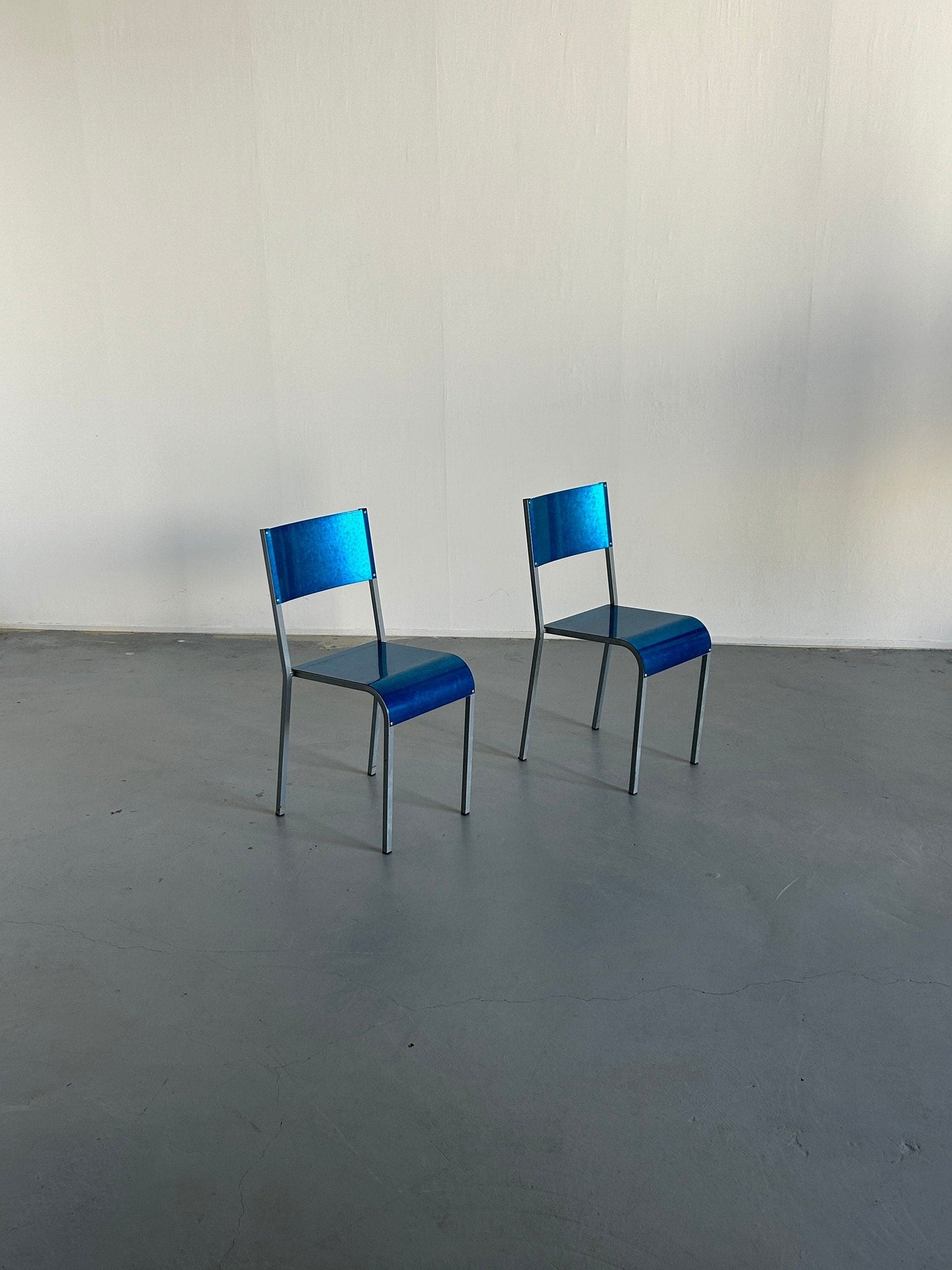 Set of 2 blue postmodern industrial galvanized metal dining chairs by Parisotto, 1980s Italy vintage