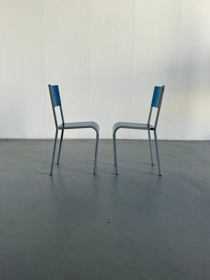 Set of 2 blue postmodern industrial galvanized metal dining chairs by Parisotto, 1980s Italy vintage