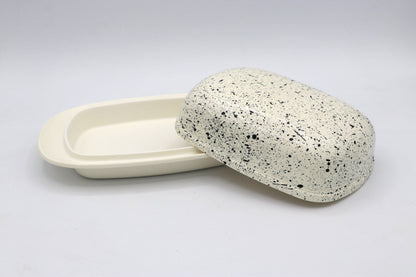 Vintage butter dish cover 80s 90s plastic speckles dots cream black melamine Germany