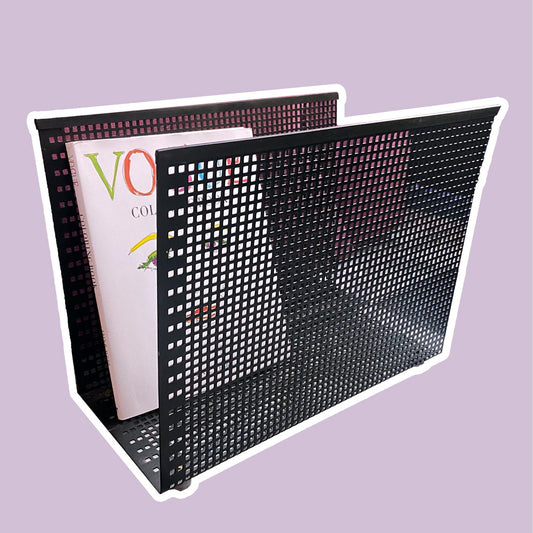 Vintage Newspaper Rack Magazine Stand Postmodern 80s Black Perforated Metal Memphis Milano Ettore Sottsass