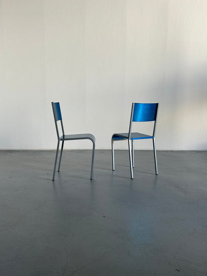 Set of 2 blue postmodern industrial galvanized metal dining chairs by Parisotto, 1980s Italy vintage