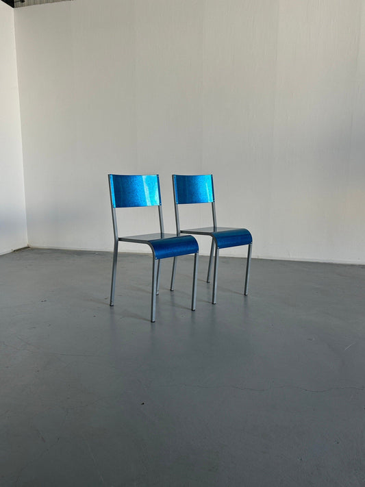 Set of 2 blue postmodern industrial galvanized metal dining chairs by Parisotto, 1980s Italy vintage